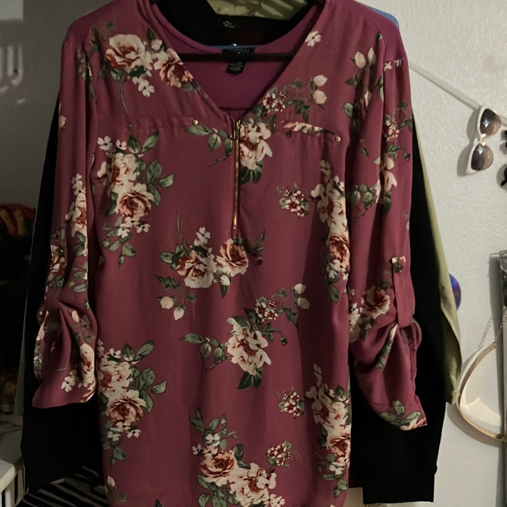 Purple quarter zip up floral blouse